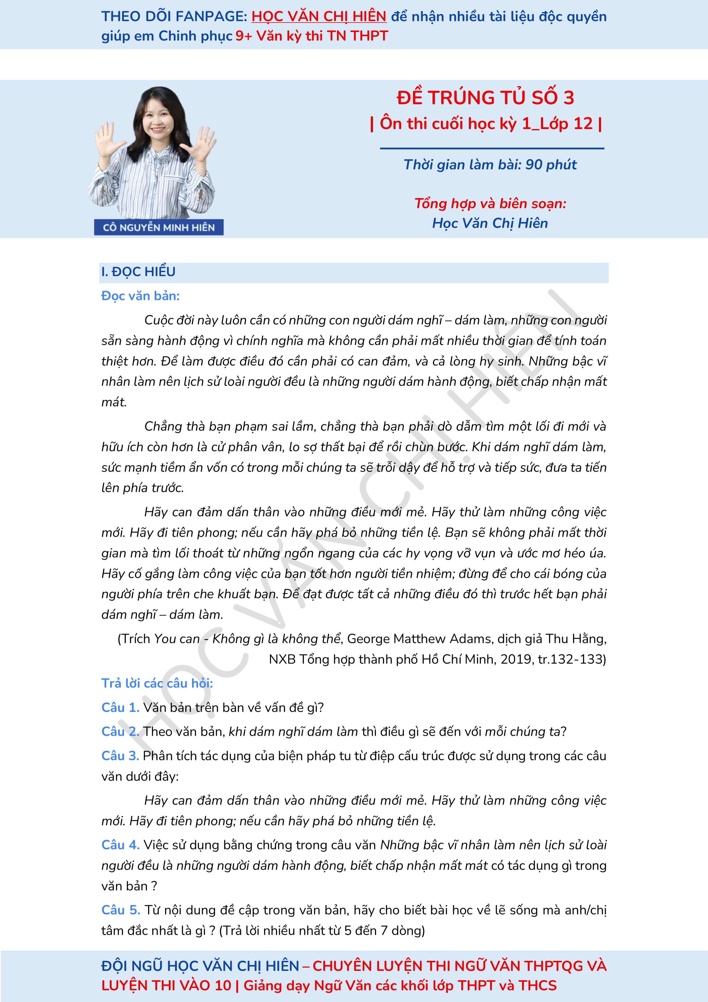 ĐỀ TRÚNG TỦ SỐ 3 + ĐÁP ÁN | ÔN THI CUỐI HỌC KÌ 1 LỚP 12 MÔN NGỮ VĂN